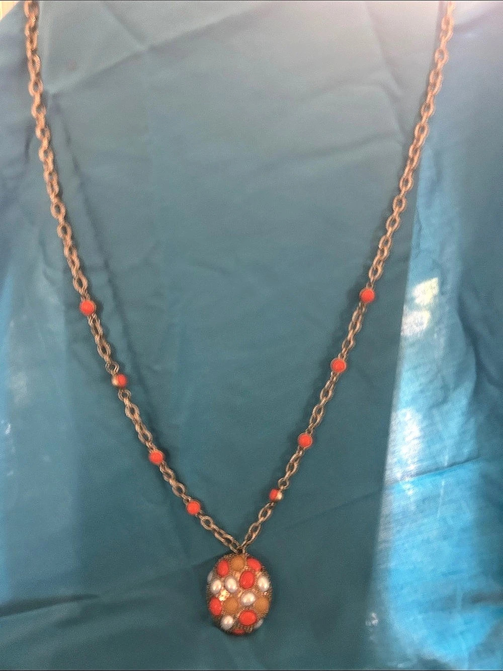 Lia Sophia Beaded Pendant Necklace in Orange & White